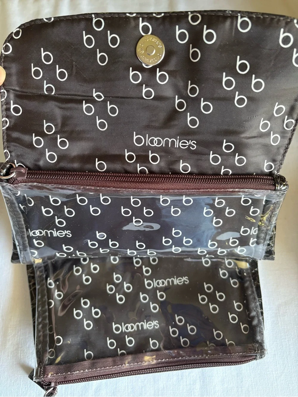Bloomingdale’s “Bloomie’s” Small Brown Cosmetic Bag Crocodile pattern